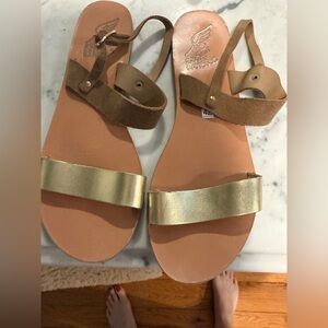 Ancient Greek Sandals Gold and Tan Leather Slide Sandals